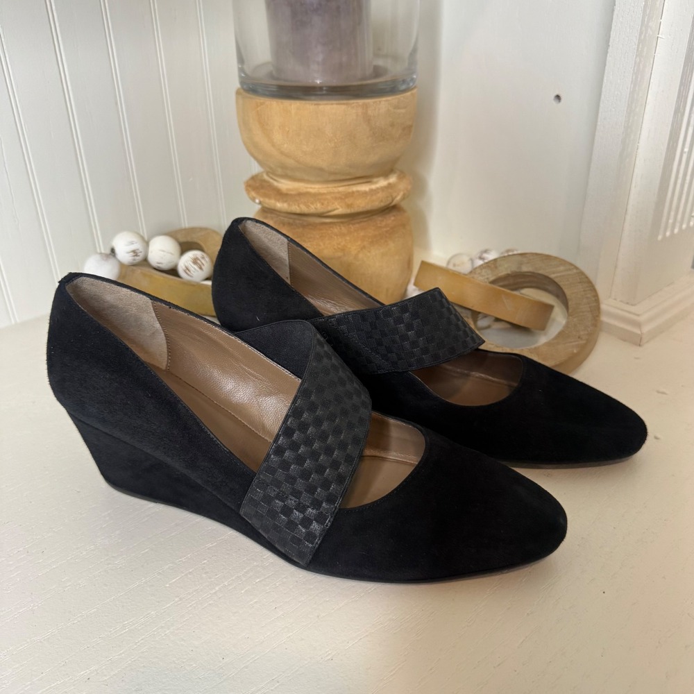 Anyi Lu Black Suede Woven Strap Wedge Pumps Made in Italy Size 37